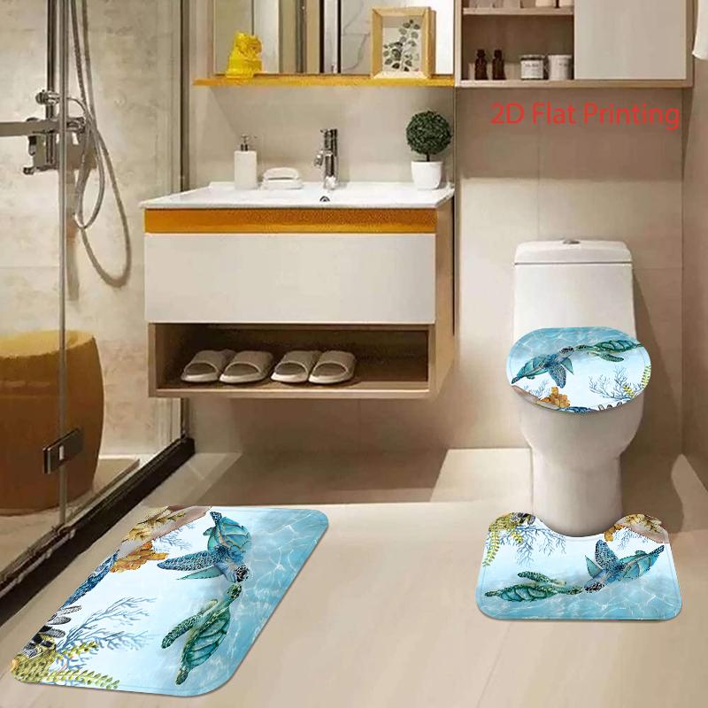 4PC-piece shower curtain set with 12 hooks, shower pad, toilet seat, seat, bathroom non slip carpet, washable curtains for home decoration