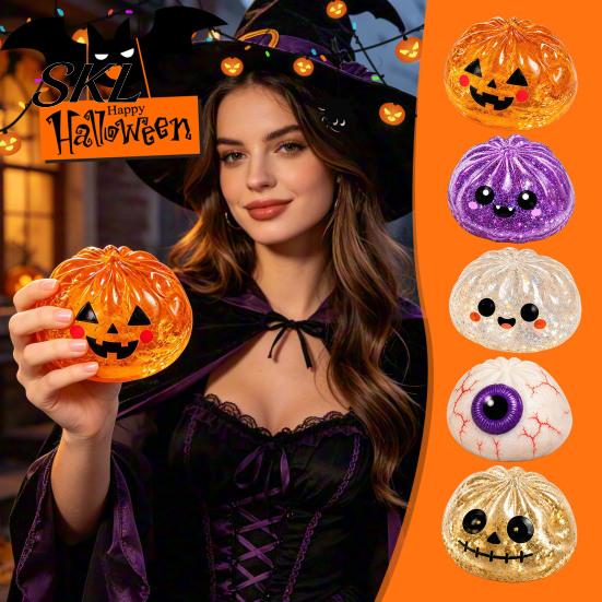 Anxiety Relief Toy 1/5Pcs Halloween Dumpling Stress Toy, Pumpkin Ghost Eyeball Steamed Bun Squeeze Sensory Ball Fidget for Adults Kids