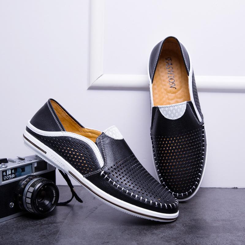 Popular Shrimp Skin South East Asia Leather Loafers Men's Summer Breathable Hollow Leather Shoes One Pedal Doudou Shoes Men