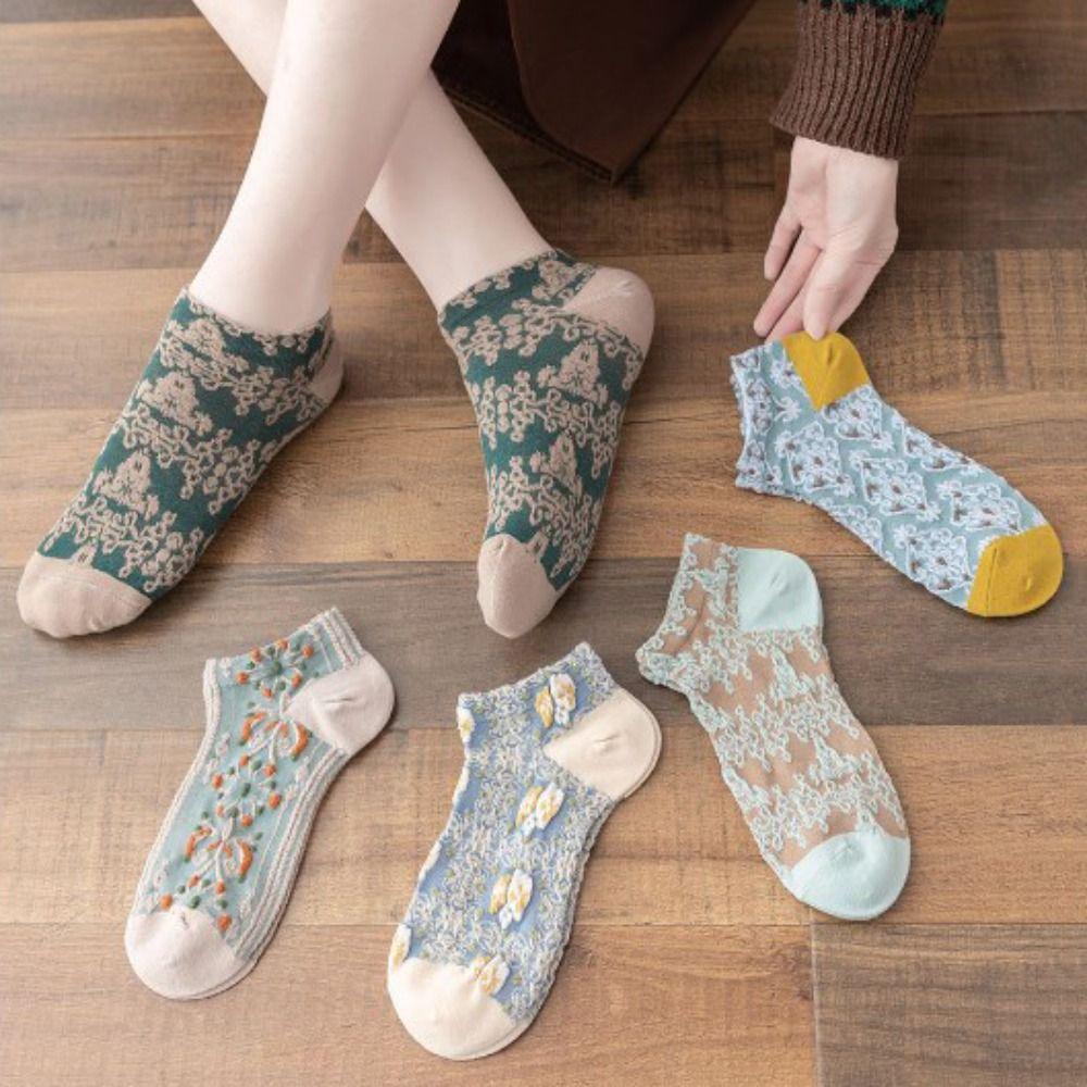 

5Pairs Flower Floral Tube Socks Harajuku Sweet Sock Women Fashion Girls Mid-calf Socks Autumn
