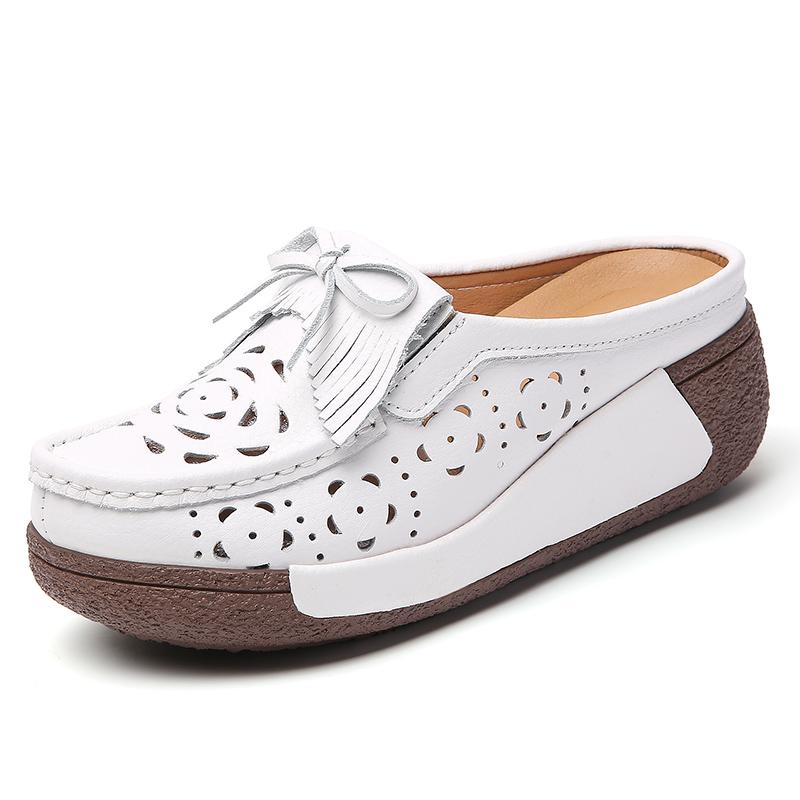 Damen Sandalen mit Höhenabsatz Plateau Loafers Rot Slipper zum Hineinschlüpfen Lässige Clogs Blume Leder Weiße Schuhe für Mutter
