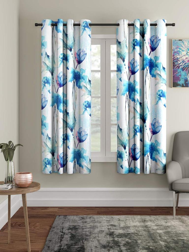 Home Sizzler 2 Pieces Abstract Flower Eyelet Polyester Semi- Transparent Door Curtains, Blue