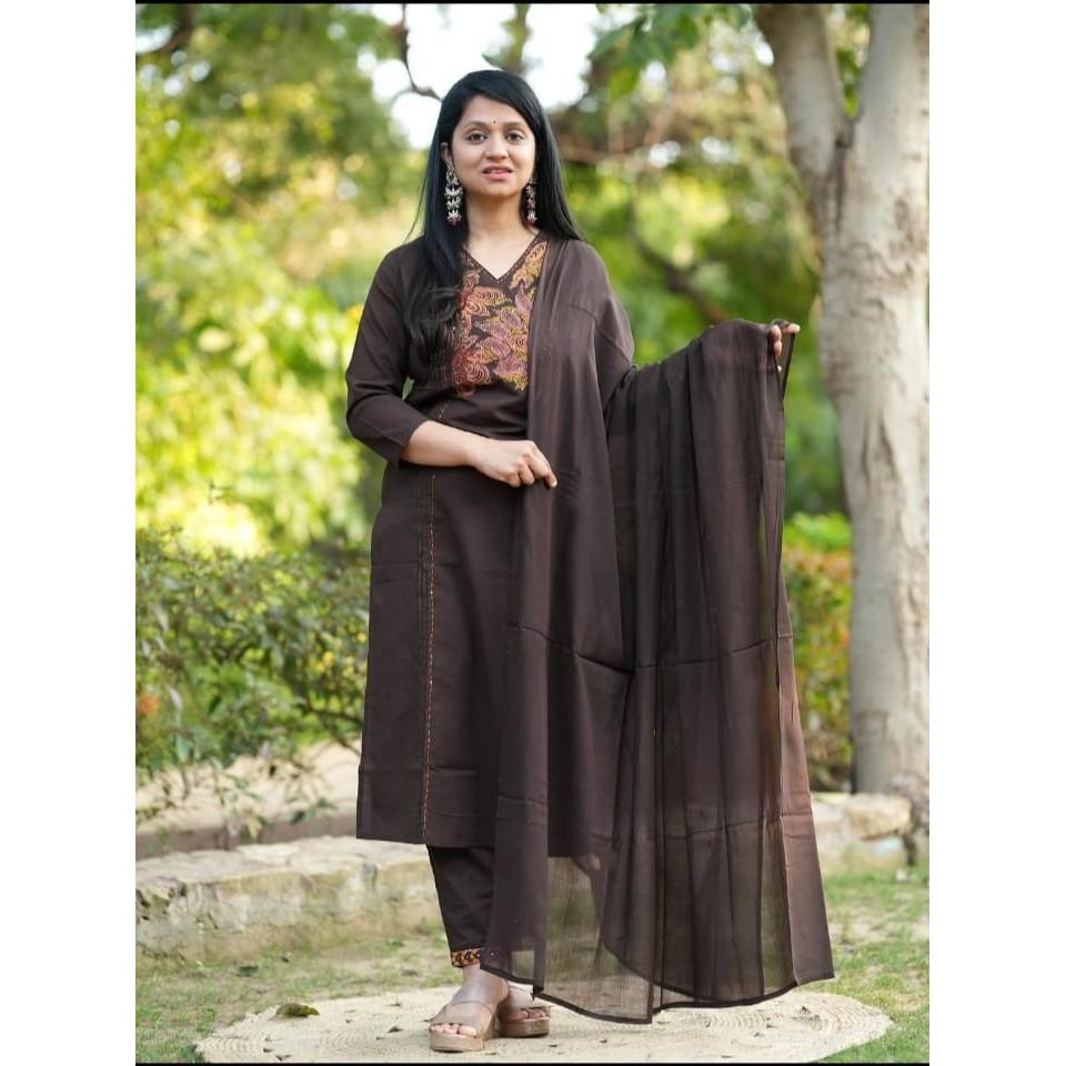 Beautiful Brown Cotton Kurti Pant Dupatta Set Indian Designer Ethnic Kurta Set
