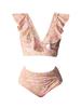 European & American V-neck Floral Split Swimsuit with Ruffle Tie