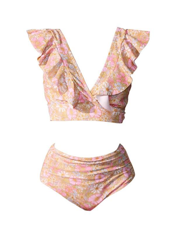 European & American V-neck Floral Split Swimsuit with Ruffle Tie