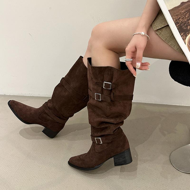 

Boots women s 2025 autumn and winter new large tube circumference pleated piling boots suede thick heel boots but knee women s boots 39