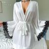 European & American Sexy Satin Mid-length Women's Long-sleeved Bathrobe Lingerie