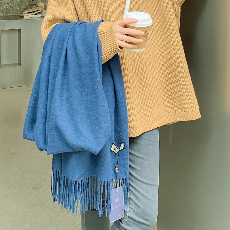 Solid Color Wool Scarf for Women Autumn and Winter Tassel Air Conditioned Room Shawl Green Red Winter Men's Cashmere Scarf