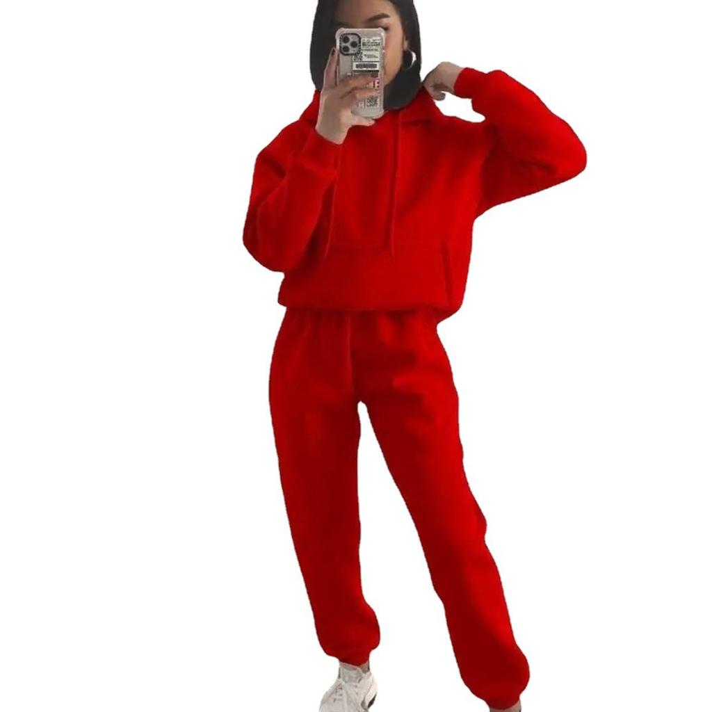 1116 Yama European and American popular casual hooded long-sleeved pocket sweater solid color sports suit two-piece set