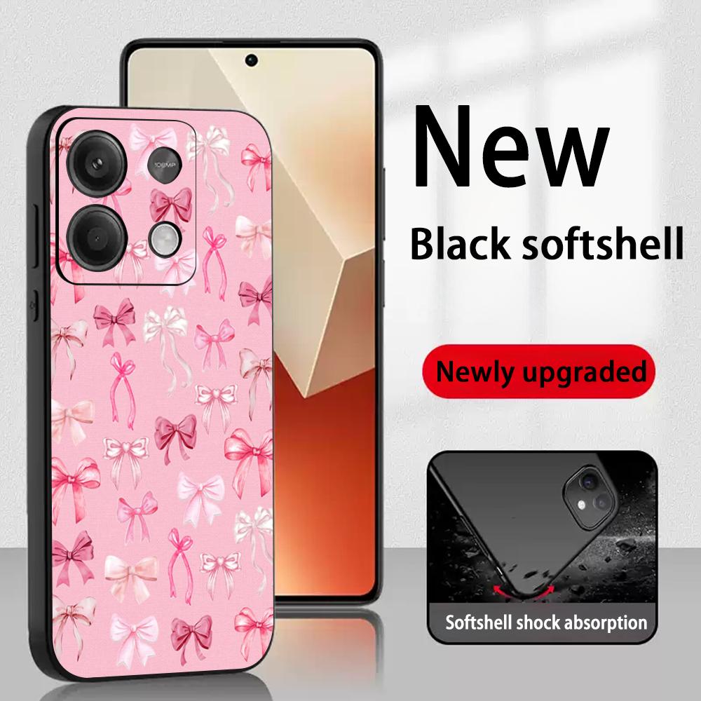 Bow Cute Pink Design Ins Girl Phone Case For Redmi Note 14 13 12 11 Pro Plus S 5G 14C A3 Soft Black Phone Cover