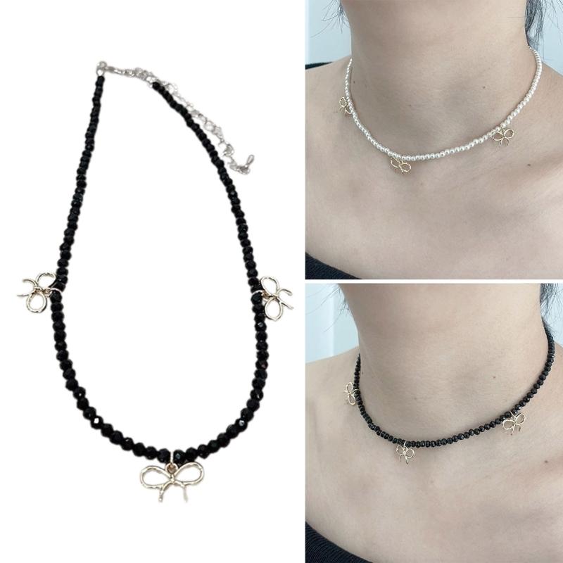 Fashion Elegant Bowknot Charm Necklace Crystal Beaded Clavicle Chain Choker Necklace Statement Jewelry Neck Chain
