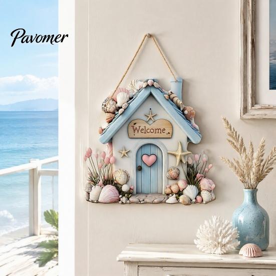 Patio Welcome Plaque Summer Coastal Wooden Wreath, Ocean Sign, Starfish Shell Nautical Hanging Sign Front Door Hanger for Porch, Indoor, Outdoor, Wall