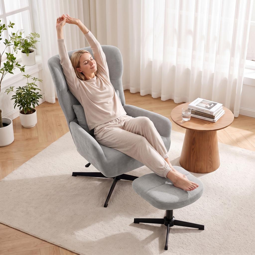360 degrees Swivel Lounge Chair with Stool, Height-Adjustable, Chenille Cover, with Lumbar Cushion, Cream White