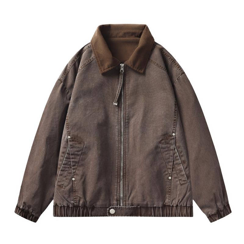 Lapel Work Jacket Men's Casual Loose Zipper Coat Top Clothes