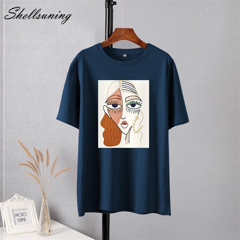 Shellsuning Summer Retro Character Printed T Shirts Women Korean Graphic Trendy Tees Loose Casual Short Sleeve Female Tops