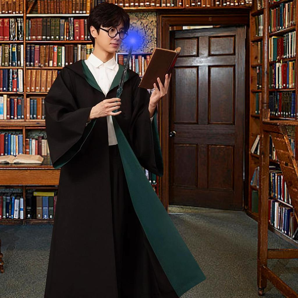 Formemory Halloween Costume Complete Includes and Magic Wand and Lights Unisex Cosplay Magic Wand Size Set, 4-Piece Set, Green, Robe, Necktie, Scarf,