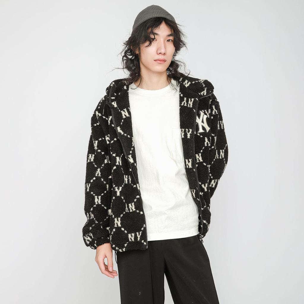 MLB Old Flower Velvet Jackets Unisex Black Hooded Thickened And Fleece Lined 3AJPF1316-50BKS