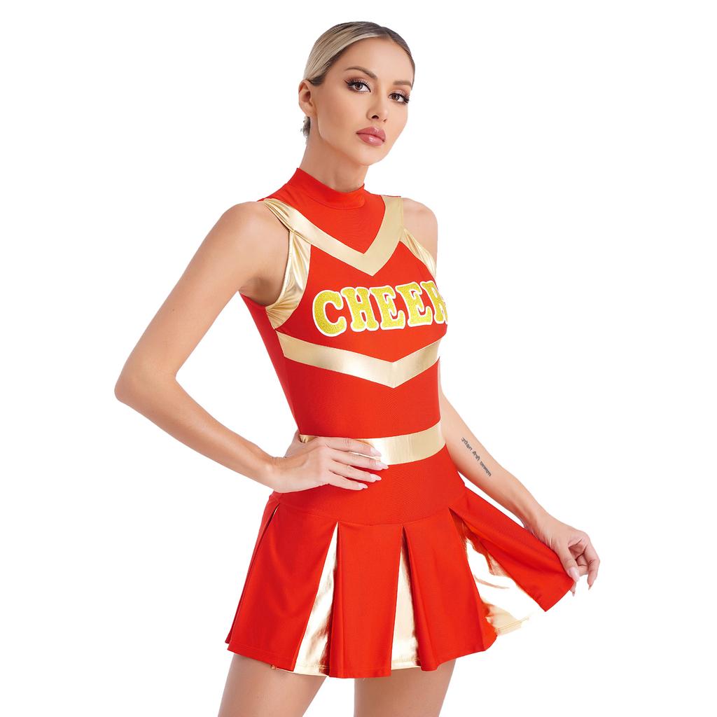 Womens Sparkling Cheerleader Dress Sleeveless Pleated Print Design Youthful Schoolgirl Uniform Halloween Costume