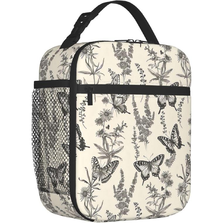 Reusable Butterfly Lunch Box for Kids Girls Boys Women Adult, Insulated Botanical Lunch Bag,Polyester Cooler Retro Handbags Case for School Picnic