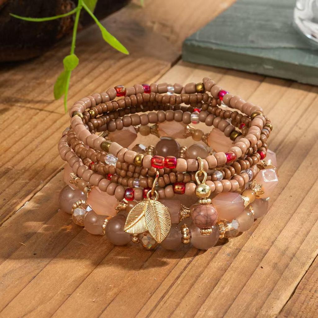 Bohemian Ethnic Layered Beaded Bracelet Set with Leaf Pendant