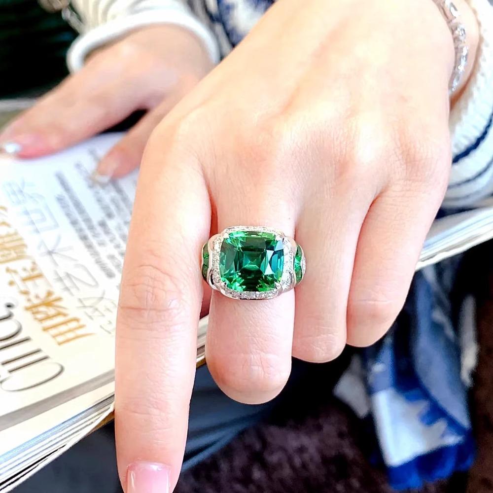 Vintage Green Tourmaline Cocktail Ring with High Carbon Diamond Simulation Emerald Royal Blue Gemstone for Women