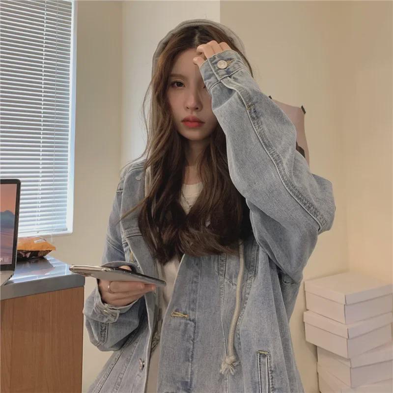 Women's Light Hooded Denim Jacket - Spring/Autumn 2025 Korean Style, Casual Loose Fit