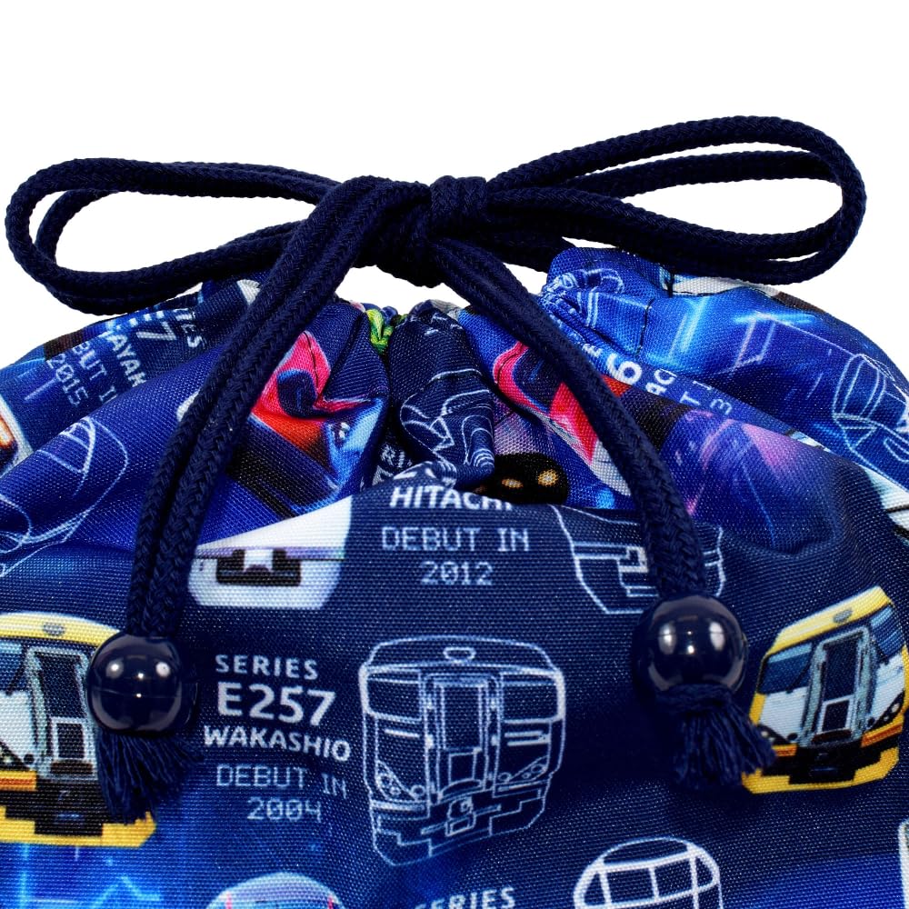 COLORFUL CANDY STYLE Drawstring Lunch Bag, Medium, Gusseted (with Name Tag), Water-Repellent, No-Iron, Train Face Collection, Lightweight,