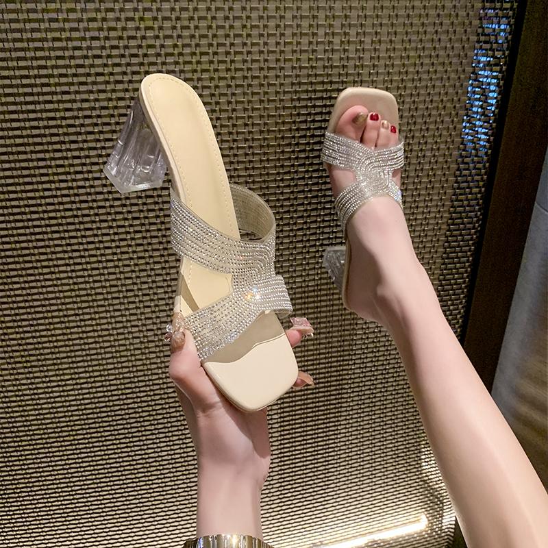 

Summer Mid Heel Modern Slippers Square Heel Outside Ladies Shoes 2024 High Quality Bling Solid Sexy Women s Slippers Chinelos