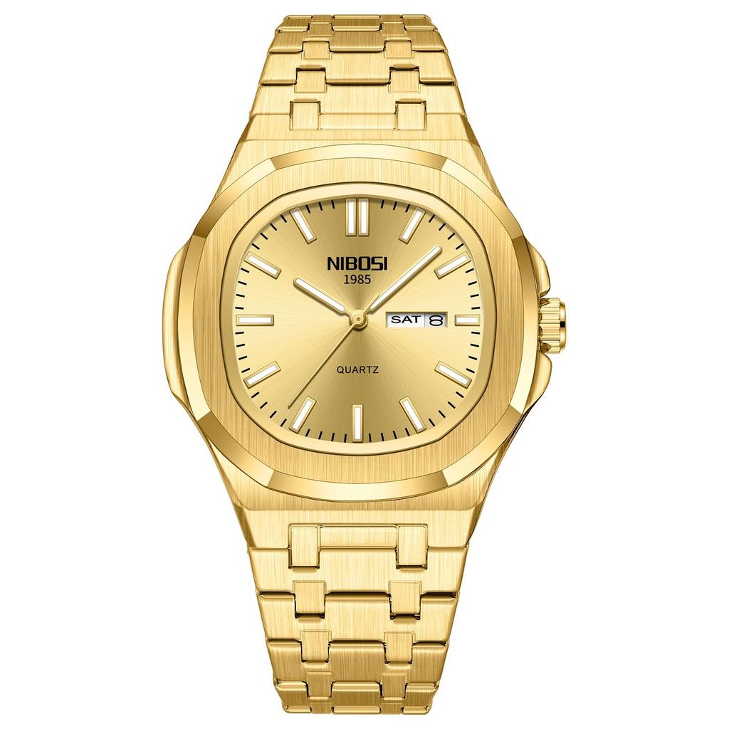 Waterproof Mens Square Quartz Watch Luminous Day Date Display Steel Strap Classic Casual Daily Wristwatch