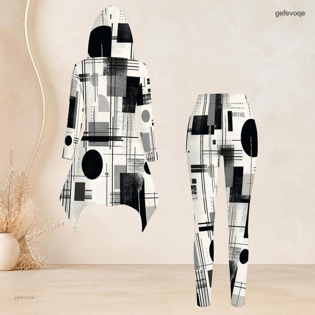 Women Plus Size Hooded Long Sleeve Radial Print High Low Top And Fitted Pants Two Piece Set