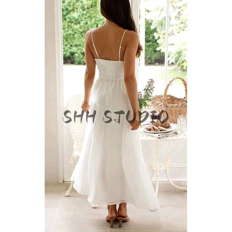 Spring New Women's Clothing Seaside Vacation Style Silm V Neck Backless High Waist A- Line Mini Sling Dress