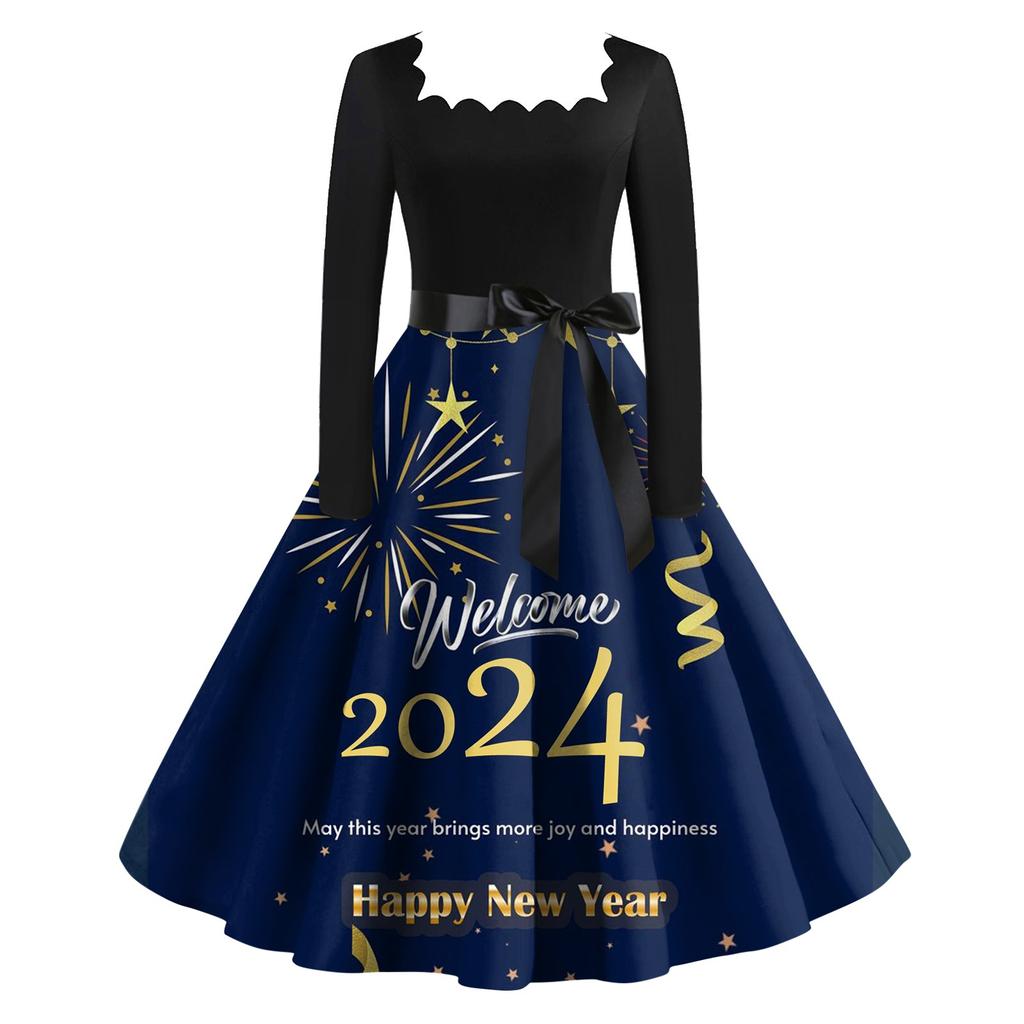 Women's Vintage Classic Dress Long Sleeve 2024 New Year Printed Square Neck Swing Dress