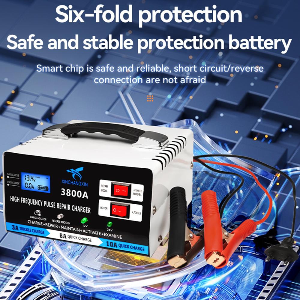 Hurtiglader for blybatteri Fullautomatisk bilbatterilader 12V 24V EU-kontakt Høy effekt Reparer batterilader