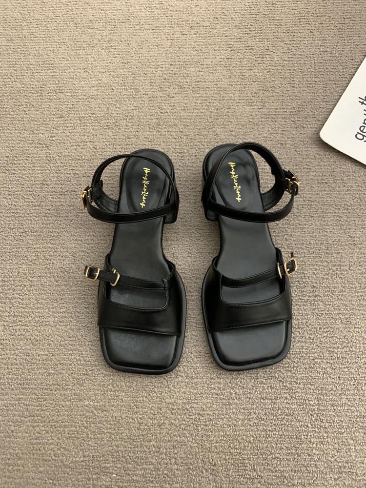 2025 summer new high-heeled open-toed sandals empty women's shoes temperament with skirt black thick-heeled Roman shoes