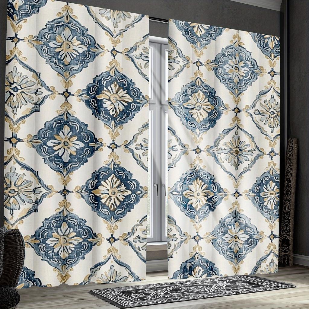 1Pc Blue And Gold Floral Geometric Pattern Curtains, Polyester Fabric, Suitable For Bedroom Living Room Decoration