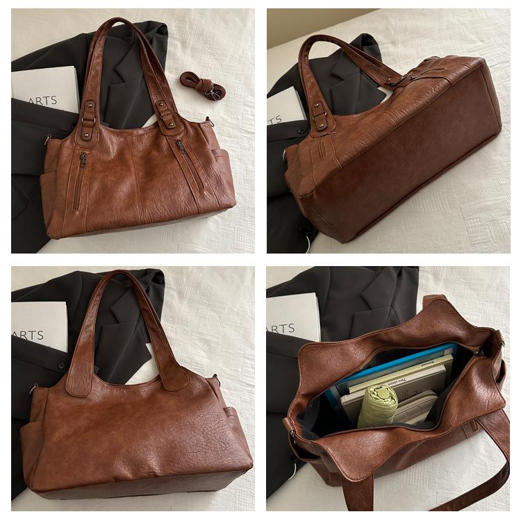 Retro Style Faux Leather Tote Bag for Women Large Capacity Shoulder Handbag