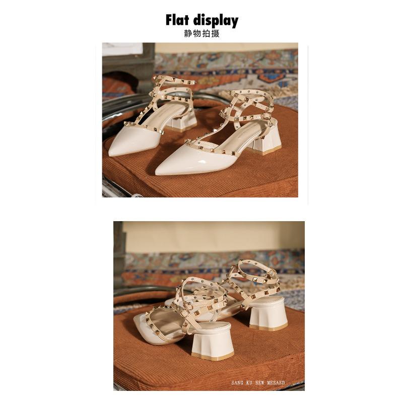 Dámské sandály na silném podpatku Letní Nová móda Špičatá špička Nýty Sandály na vysokém podpatku Dámské