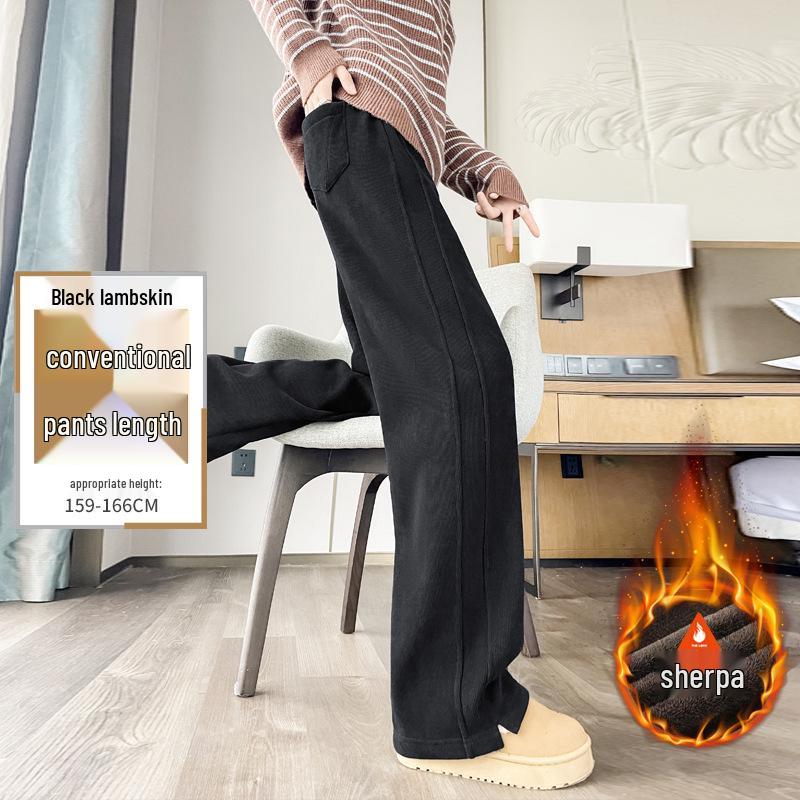 Women's Lambswool Wide-Leg Sweatpants, Autumn/Winter Narrow Straight-Leg, Tall Plus Velvet, Extra Length, Outerwear Cotton Pants.