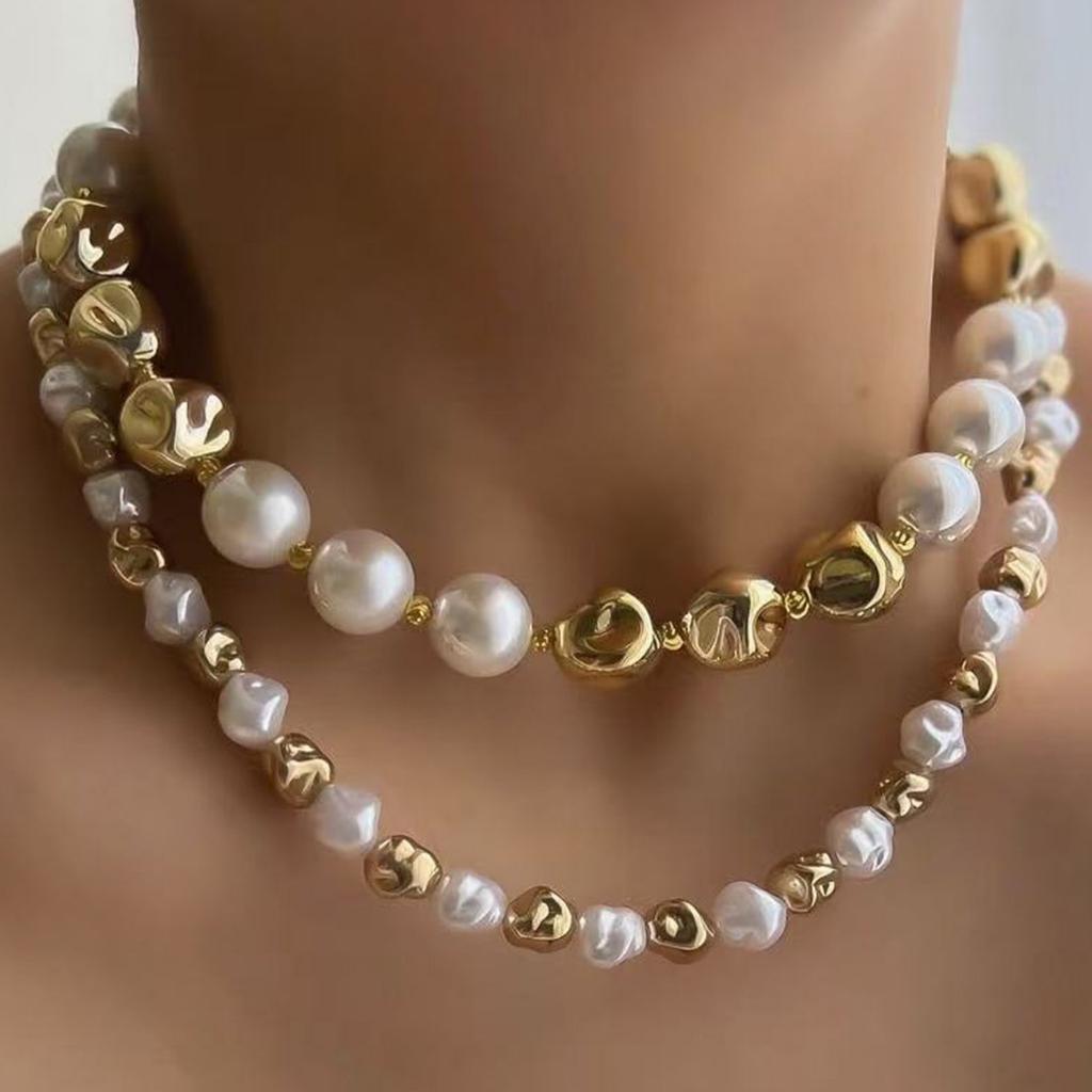 Women's Multi-Layer Faux Pearl & Gold Bead Necklace - Vintage Baroque Imitation Pearl Layered Choker, Elegant Statement Jewelry For Daily Style & Gift
