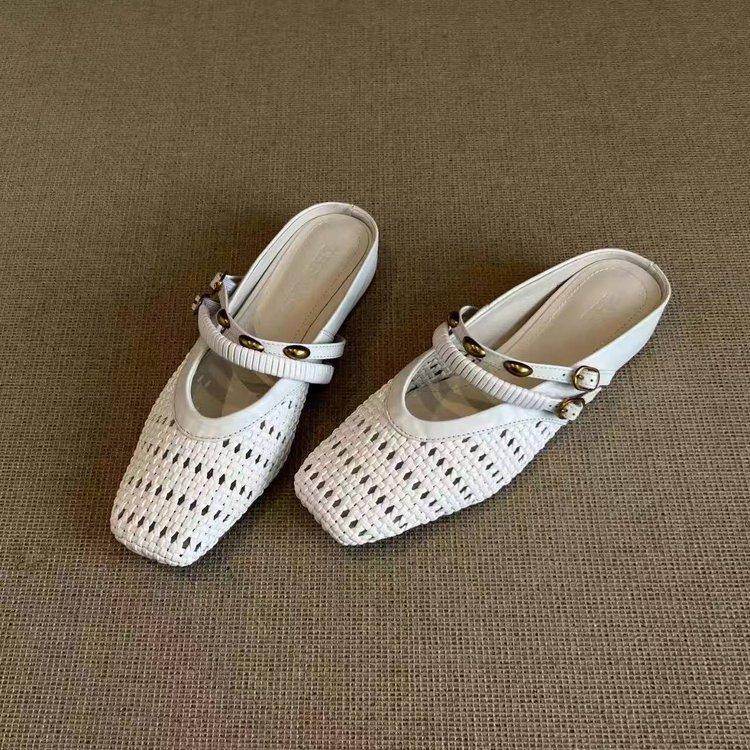 Soft Leather Version~ Versatile Black Hand-woven Hollow Breathable Bag Head Shoes Women's Metal Word with Square Head Half Slippers