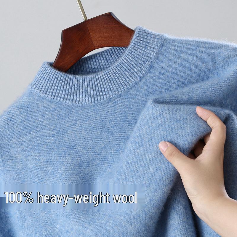 Men's 100% Wool Round Neck Loose Casual Sweater - Thickened Long Sleeve Knitwear