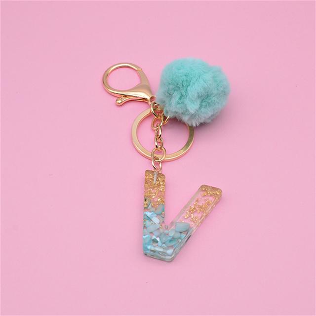 26 inicjały litera klucz wisiorek z zielonym puszystym pomponem moda dziewczęca torebka brokat gradientowa żywica alfabet brelok Charms