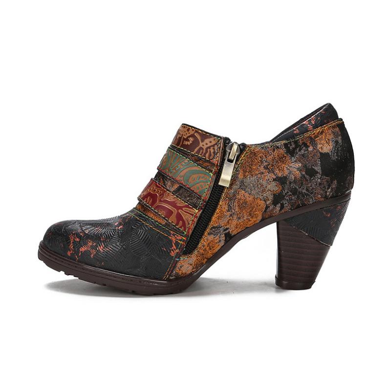 Johnature Genuine Leather Pumps Women Shoes Retro Round Toe Fashion High Heels Printed Handmade Ladies Shoes