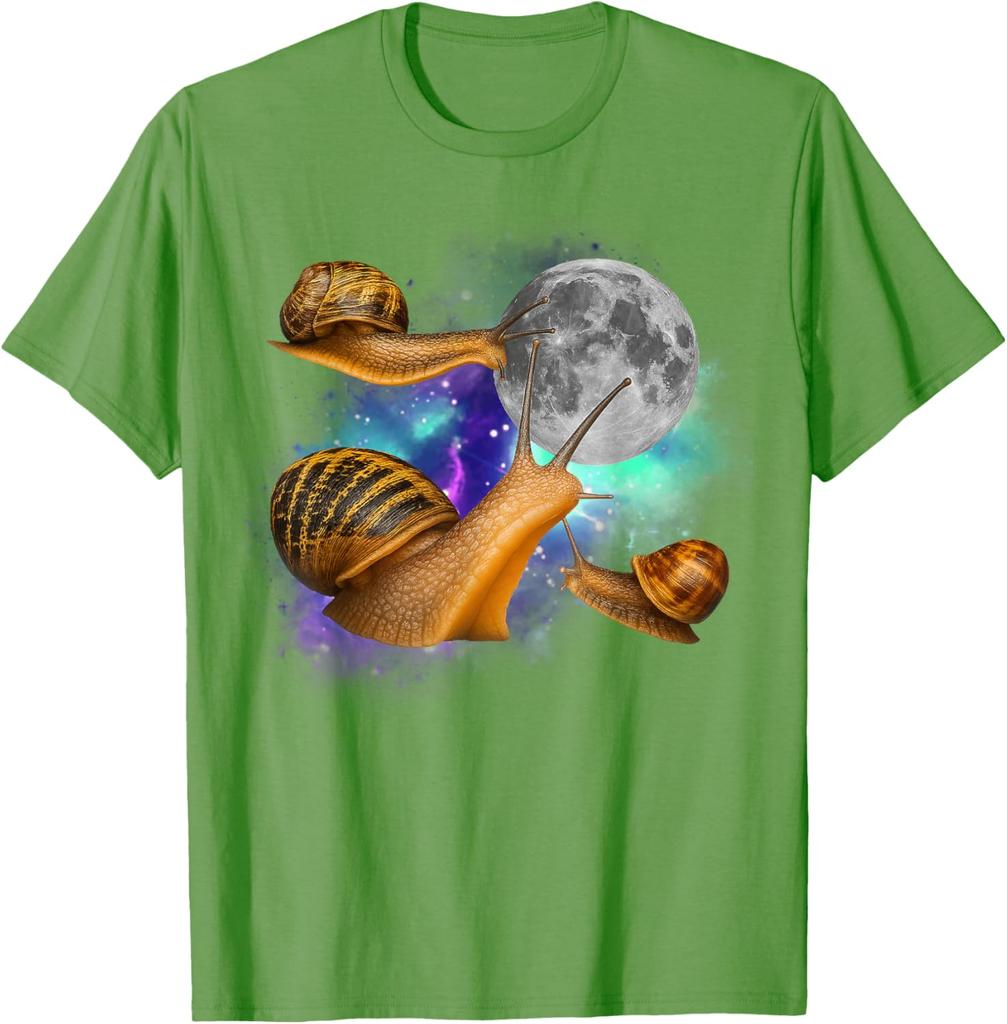 Three Snails Moon Galaxy Graphic Tee Funny Weird Mollusks Print Casual Short Sleeve T-Shirt For Men
