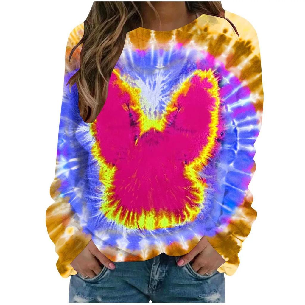 Round Neck 3D Tie Dye Rabbit Printed Top Fashionable Casual Long Sleeved Women's T-shirts