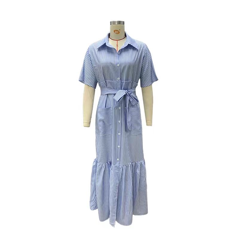 

Western Style New High-Grade Temperament Stripe Lace-up Lapel Dress Striped Lapel Dress Blue S