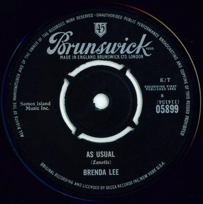 7inch Record BRENDA LEE - As Usual / Lonely Lonely Lonely Me 05899 Brunswick 1963 UK Rock Used
