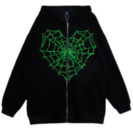 Colored Spider Web Street Hip Hop Gothic Harajuku Y2k Black Zipper Hoodie Women, Harajuku Jacket Sweater Women