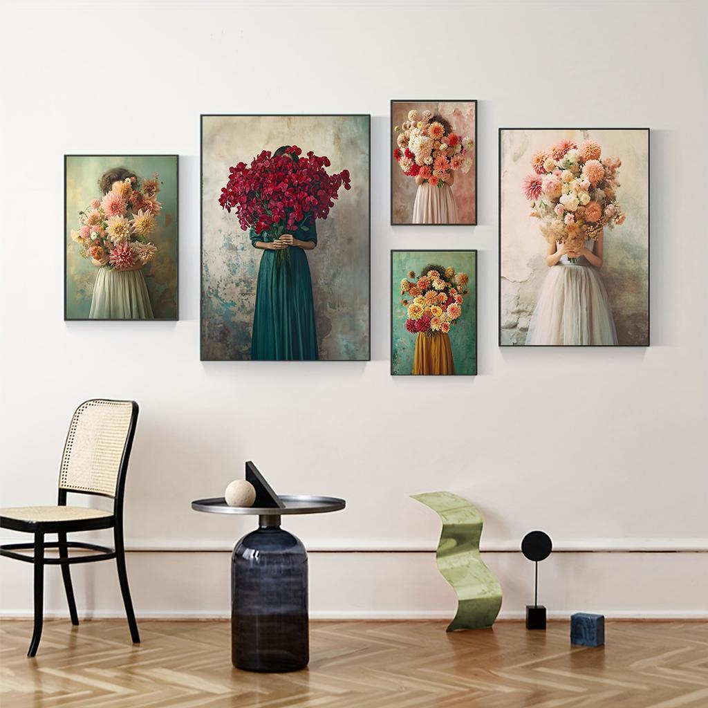 Modern Girl Wear Flowers Canvas Print Scandinavia Full of Force De Vie Wall Art Poster for  Living Room Bedroom Room Home Decor