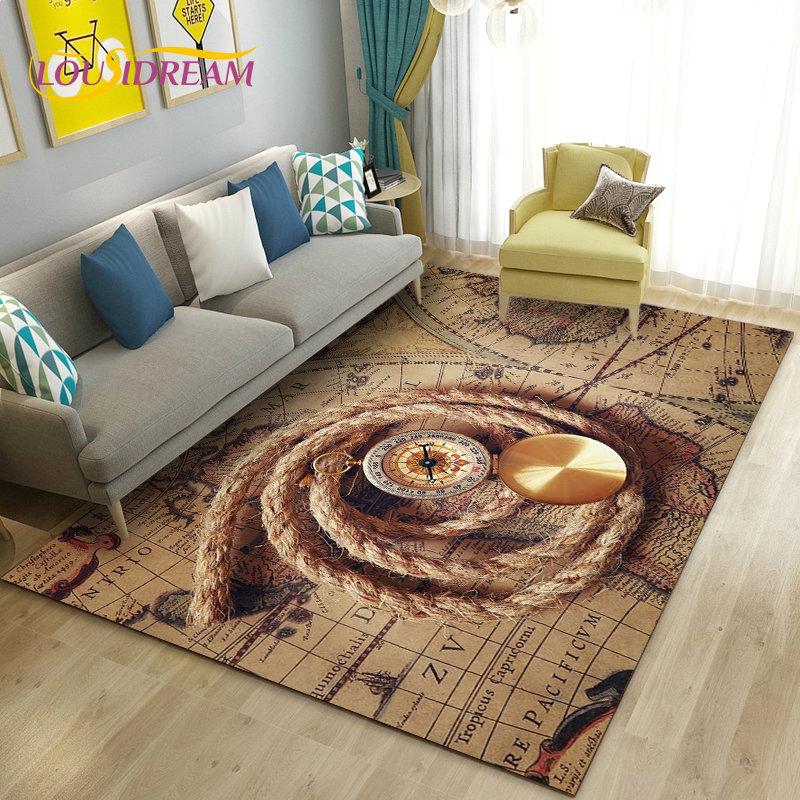 Alfombra retro con diseño de mapa del mundo vintage y brújula, para sala de estar, dormitorio, sofá, decoración, alfombra antideslizante para el suelo